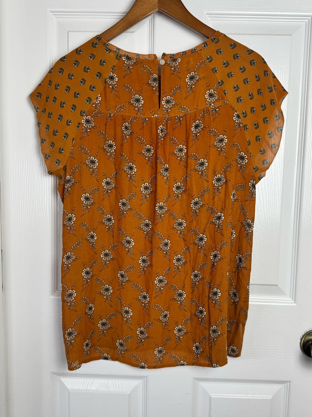 LOFT Mustard Floral Cap-Sleeve Blouse Size Large - Picture 5 of 7